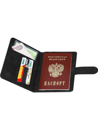Обложка для паспорта MILAND "Бархат" с отделениями для карт на магните кожзам, черная