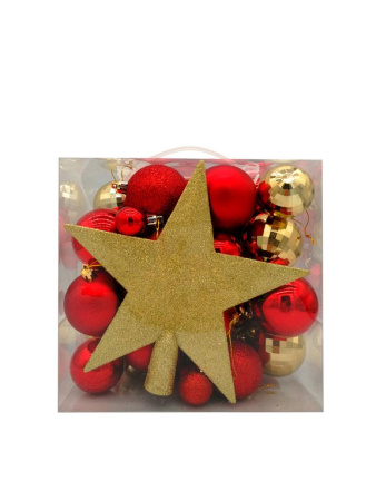 Набор шаров  цвет ассорти  50 шт (60мм 17шт, 50мм 17шт, 30мм 15шт) + звезда (20см) цв.красный/золото