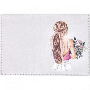 Обложка для паспорта, нат. кожа "Девушка с букетом" цветной рисунок по коже