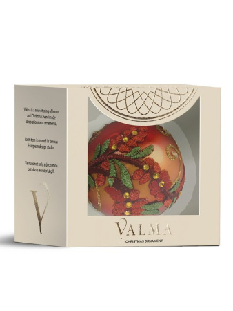 Елочный шар стеклянный  80мм (красный с рисунком) в картонной коробке