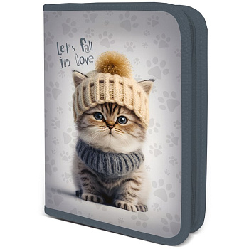 Пенал 1 отд. 1 откид. планка для девочки Seventeen "Котик" 20*13*4 см (ткань)