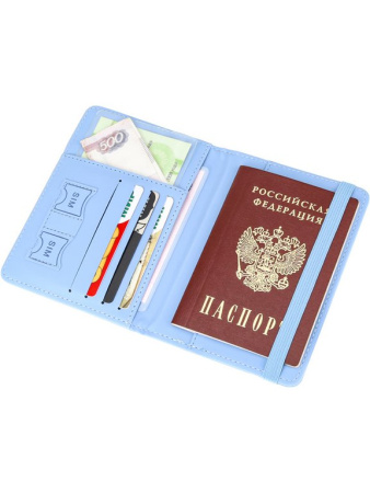 Обложка для паспорта MILAND "Отпуск" с отделениями для карт на резинке кожзам, голубая