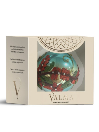 Елочный шар стеклянный  80мм (бирюзовый с рисунком) в картонной коробке