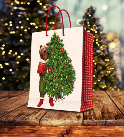 Пакет бумажный НГ 33*46см ламиниров. "Мишка держит елку"