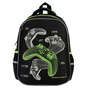 Рюкзак каркасный для мальчика Феникс+ "ДЖОЙСТИКИ" 27,5*37,5*14,5 см, черный/зеленый