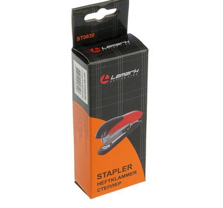 Степлер № 10 до 12л металлический, Lamark Ulrich, оранжевый с антистеплером