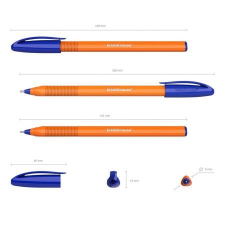 Ручка шариковая масляная ErichKrause U-108 Orange трехгр. 1,0мм, синяя (однор.,лин.0,3мм) игольч.