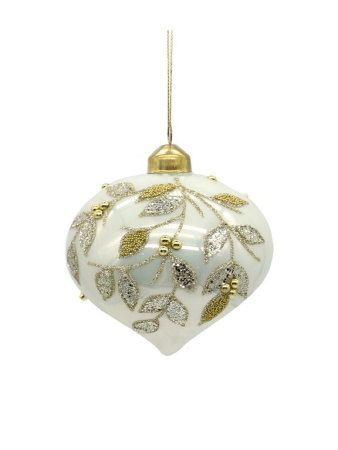 Елочный шар стеклянный 100мм (белый с рисунком) в картонной коробке