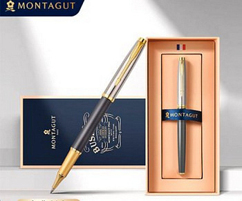 Ручка-роллер Montagut черная 0,5мм, подар.футляр, корпус мет. серый/серебро (ст.112мм)