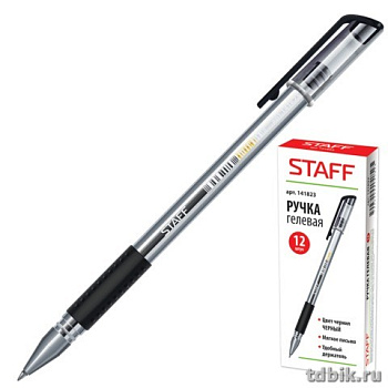 Ручка гелевая STAFF резин. упор 0,5мм черная (стерж.130мм, линия 0,35мм)