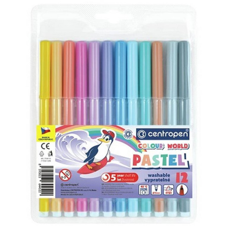 Набор фломастеров 12 цв. Centropen "Colour World.Pastel" смываемые,трехгранные
