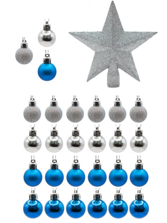 Набор шаров  цвет ассорти 30 мм 29 шт + верхушка звезда 1шт (11см) цв. серебро/синий