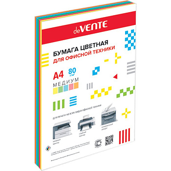 Бумага "deVente" 80г/м2 А4, 100 лист/уп, смесь медиум цветов (5 цветов)