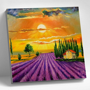 Роспись по номерам (холст) 20*20см "Лавандовое поле" (основа+акрил.+кисти) 16цв.