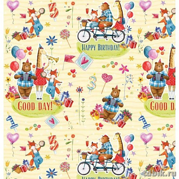 Бумага упаковочная 70*100см  в рулоне "Лисы и мишки"