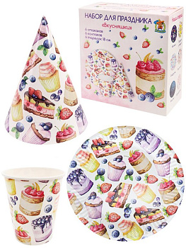 Набор одноразовой посуды картон на 6 персон "Вкусняшки" (6 стаканов + 6 тарелок + 6 колпаков)