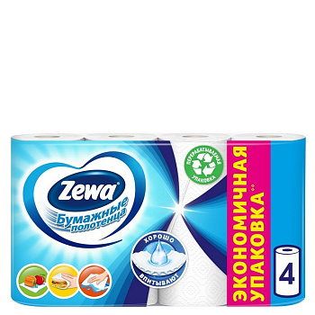 Полотенце бумажное Zewa/Zemma 4 рул/уп, белые, 2-х слойные