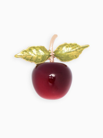 Брошь металл "Вишня" с листочками, красно-зелёная в золоте