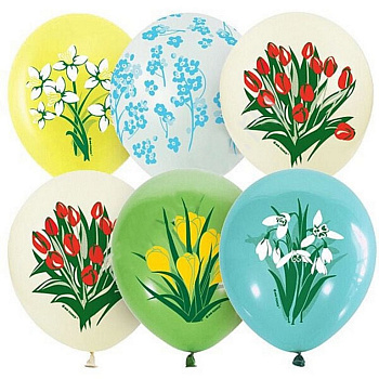 Шар воздушный 12 дюймов (30см) с рисунком "Весенние цветы" металлик (ассорти)