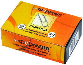 Скрепки 28 мм 100 шт/уп никелированные с загнут. краем inФОРМАТ