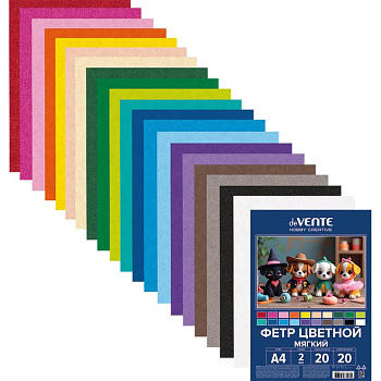 Фетр А4 (набор 20 листов 20цв.) 2мм ассорти "Яркие цвета" (мягкий) deVENTE