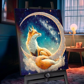 Роспись по номерам (холст) 40*50см с кристаллами "Звездная лиса" (основа+акрил.кр+кисти) 23цв.