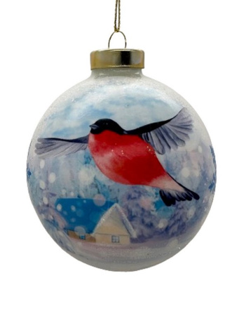 Елочный шар стеклянный  80мм "Зимний снегирь"