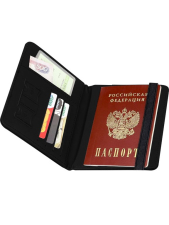 Обложка для паспорта MILAND "Отпуск" с отделениями для карт на резинке кожзам, черная