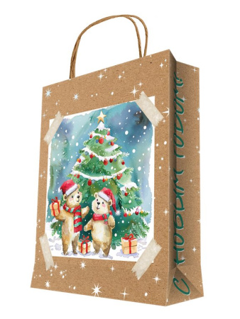 Пакет бумажный НГ 18*23см крафт (елка, мишки)