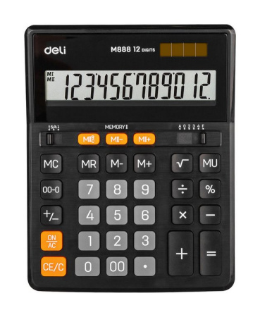 Калькулятор наст. Deli EM888 (12 разр., 2 питания, коррекция 203*158*31мм) черный