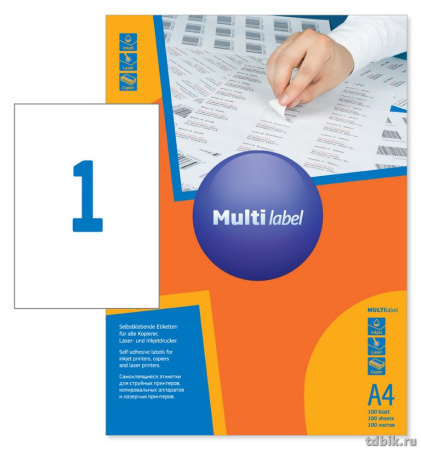 Бумага самоклеящаяся MultiLabel А4 210*297, 1 этикетка на листе, белый, матовый