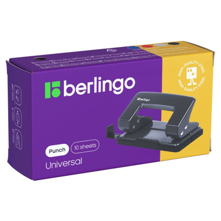 Дырокол до 10л метал. Berlingo "Universal" с линейкой, черный