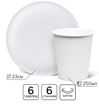 Набор одноразовой посуды картон на 6 персон "Белый"