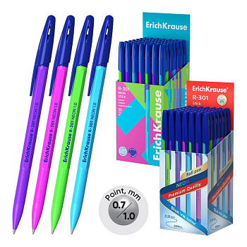 Ручка шариковая ErichKrause R-301 Stick Neon 1,0мм синяя (линия 0,7мм)