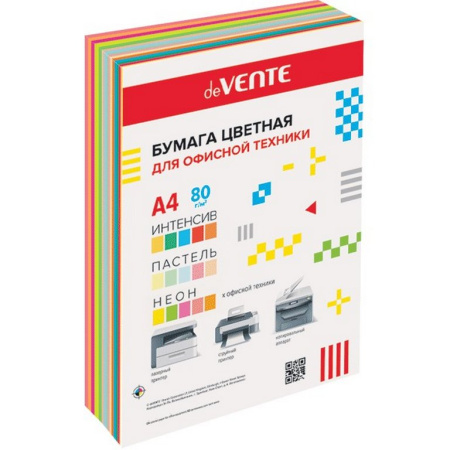 Бумага "deVente" 75г/м2 и 80г/м2 А4, 90 л, смесь 15 цветов (5 интенсивных, 5 пастельных, 5 неоновых)