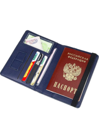 Обложка для паспорта MILAND "Рейс" с отделениями для карт на резинке кожзам, темно/синяя