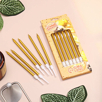 Свечи для торта коктейльные "Шайн", 6 шт, h=10 см, золотой металлик