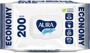 Салфетки влажные 200 шт/уп Aura "Для всей семьи" с крышкой