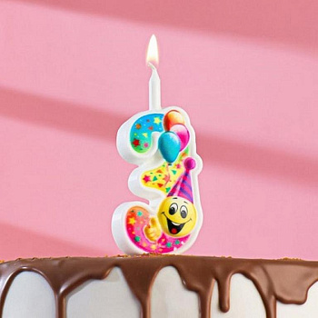 Свеча для торта "Цифра  3" Смайлик с шарами