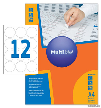 Этикетки самоклеящиеся А4 d=60мм, 12 этикеток, белые, MultiLabel
